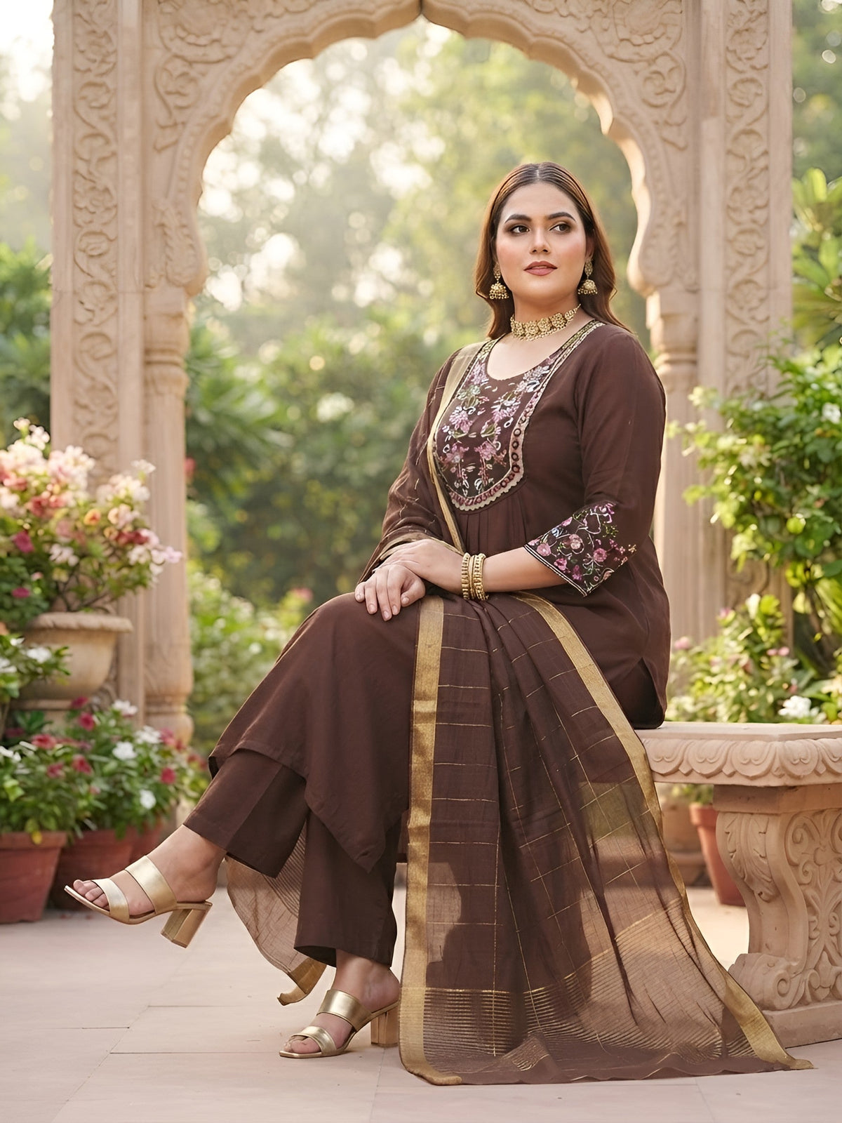 Pushpa Plus Size Women Brown Embroidered Kurta With Palazo & Dupatta