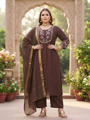 Pushpa Plus Size Women Brown Embroidered Kurta With Palazo & Dupatta