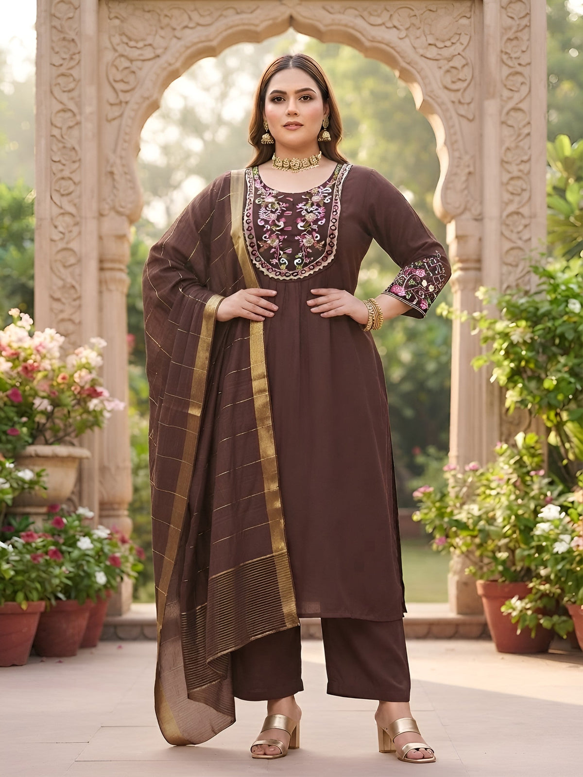 Pushpa Plus Size Women Brown Embroidered Kurta With Palazo & Dupatta