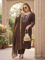Pushpa Plus Size Women Brown Embroidered Kurta With Palazo & Dupatta