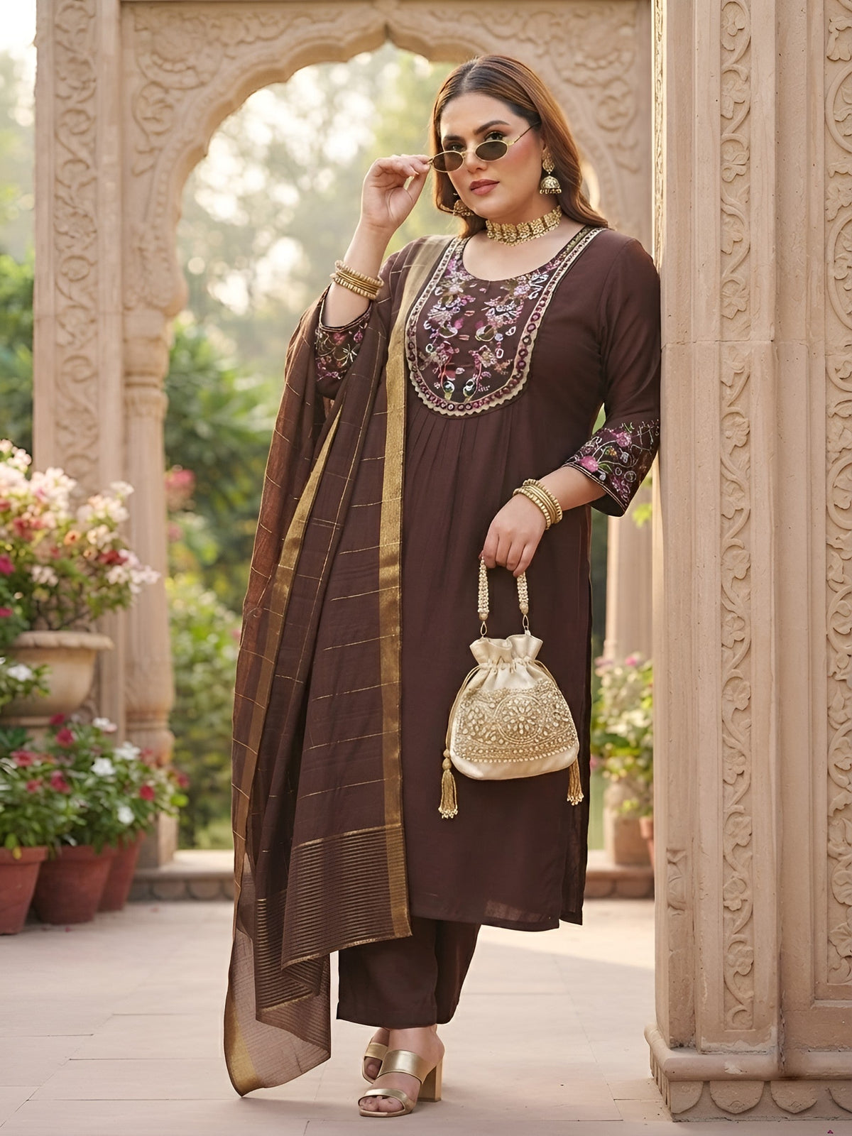 Pushpa Plus Size Women Brown Embroidered Kurta With Palazo & Dupatta