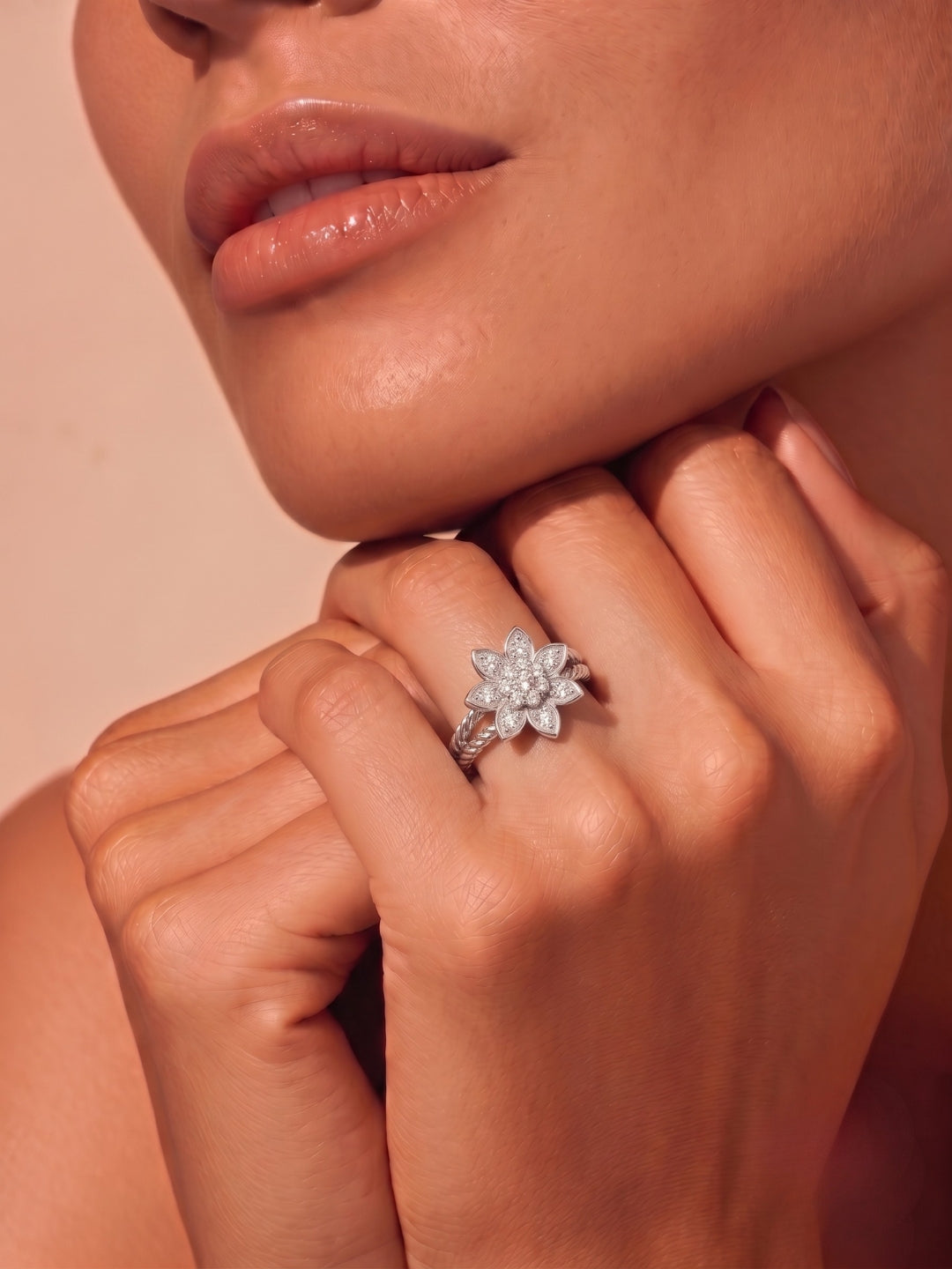 925 Sterling Silver Floral Diamond Ring for Women