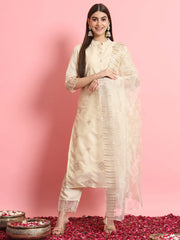 Meher Champagne Beige Embroidered Kurta Set with Organza Dupatta