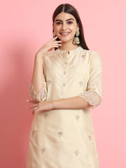 Meher Champagne Beige Embroidered Kurta Set with Organza Dupatta