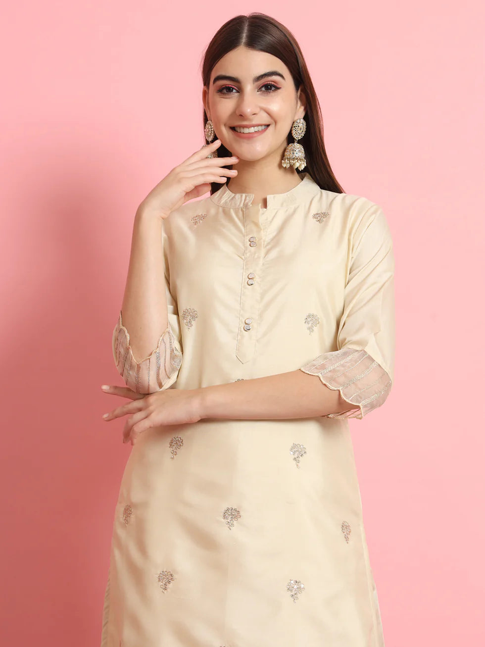 Meher Champagne Beige Embroidered Kurta Set with Organza Dupatta