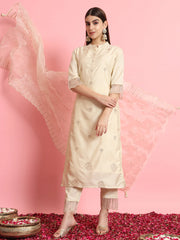 Meher Champagne Beige Embroidered Kurta Set with Organza Dupatta