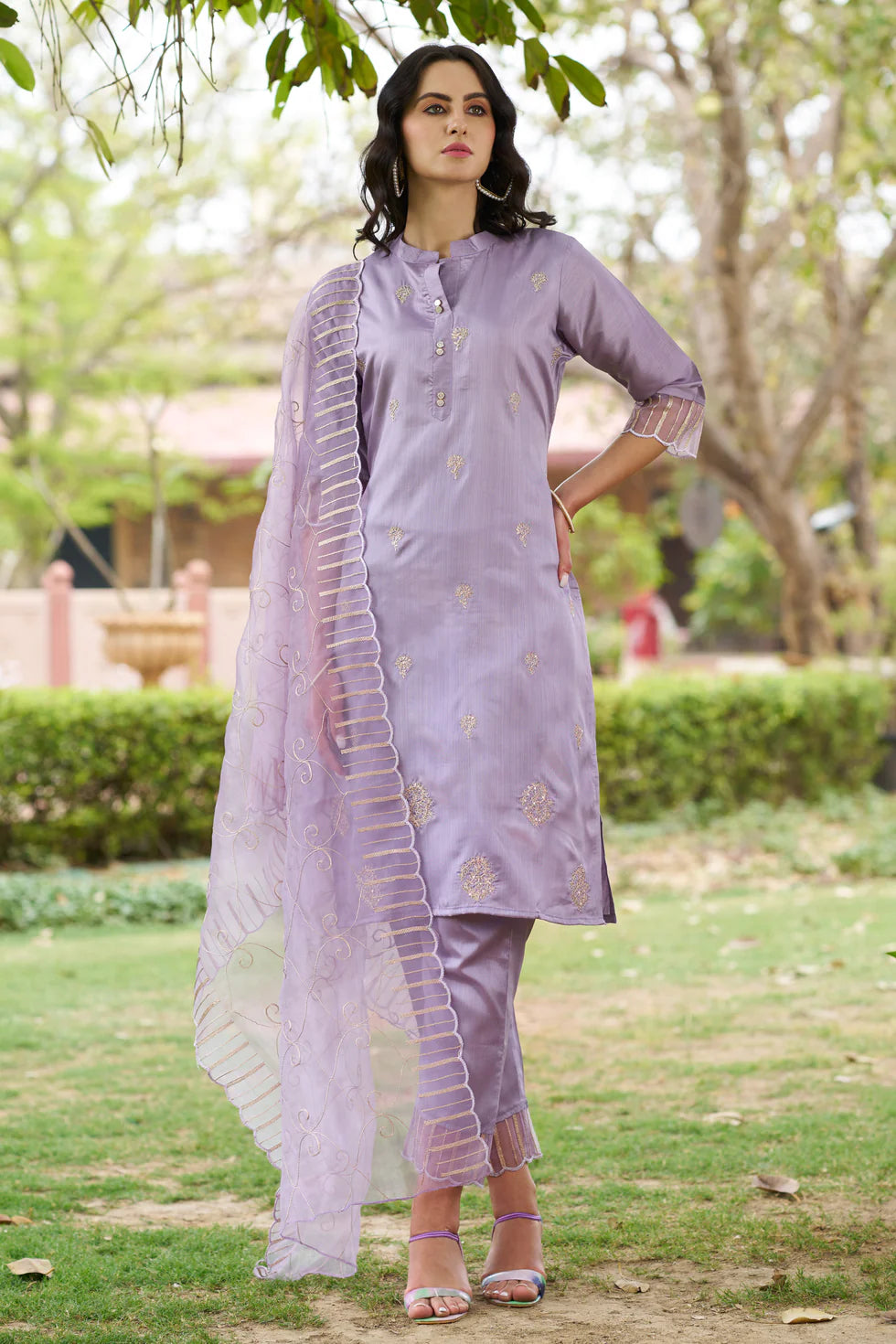 Meher Champagne Beige Embroidered Kurta Set with Organza Dupatta