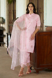 Meher Champagne Beige Embroidered Kurta Set with Organza Dupatta