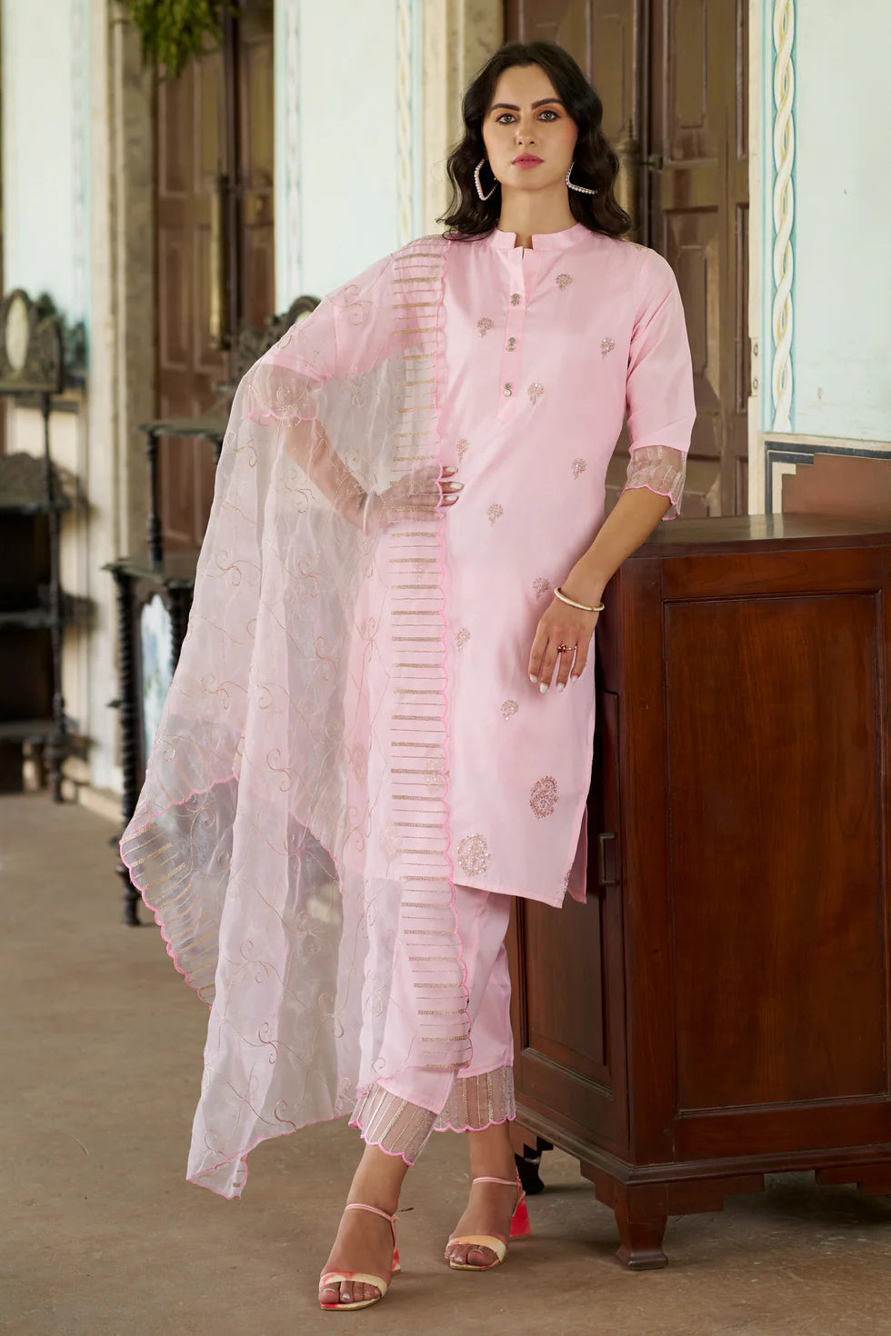 Meher Champagne Beige Embroidered Kurta Set with Organza Dupatta