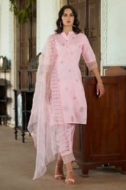 Meher Champagne Beige Embroidered Kurta Set with Organza Dupatta