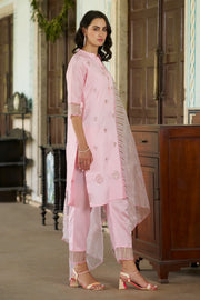 Meher Champagne Beige Embroidered Kurta Set with Organza Dupatta