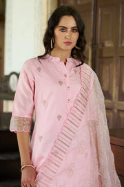 Meher Champagne Beige Embroidered Kurta Set with Organza Dupatta
