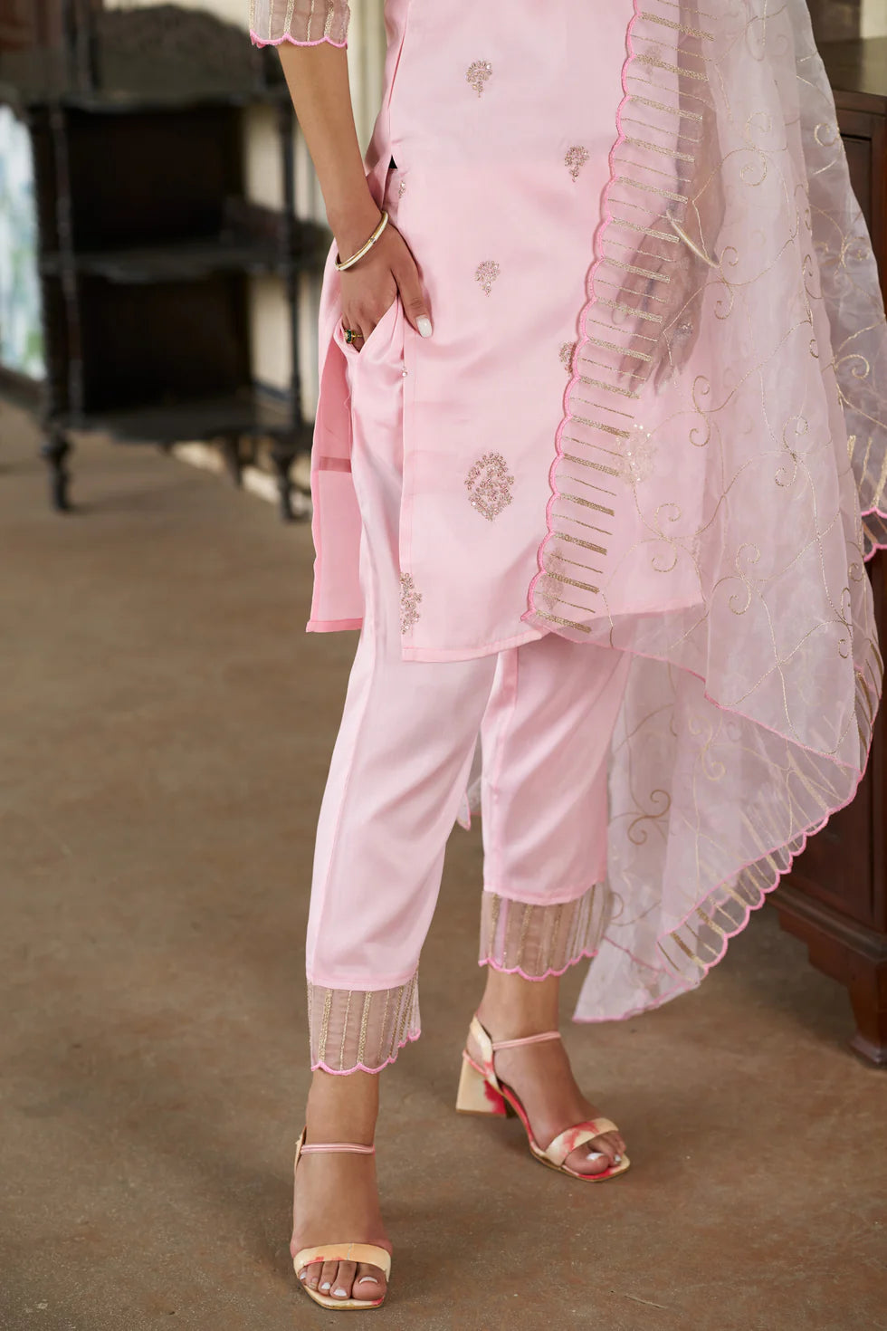 Meher Champagne Beige Embroidered Kurta Set with Organza Dupatta