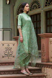 Meher Champagne Beige Embroidered Kurta Set with Organza Dupatta