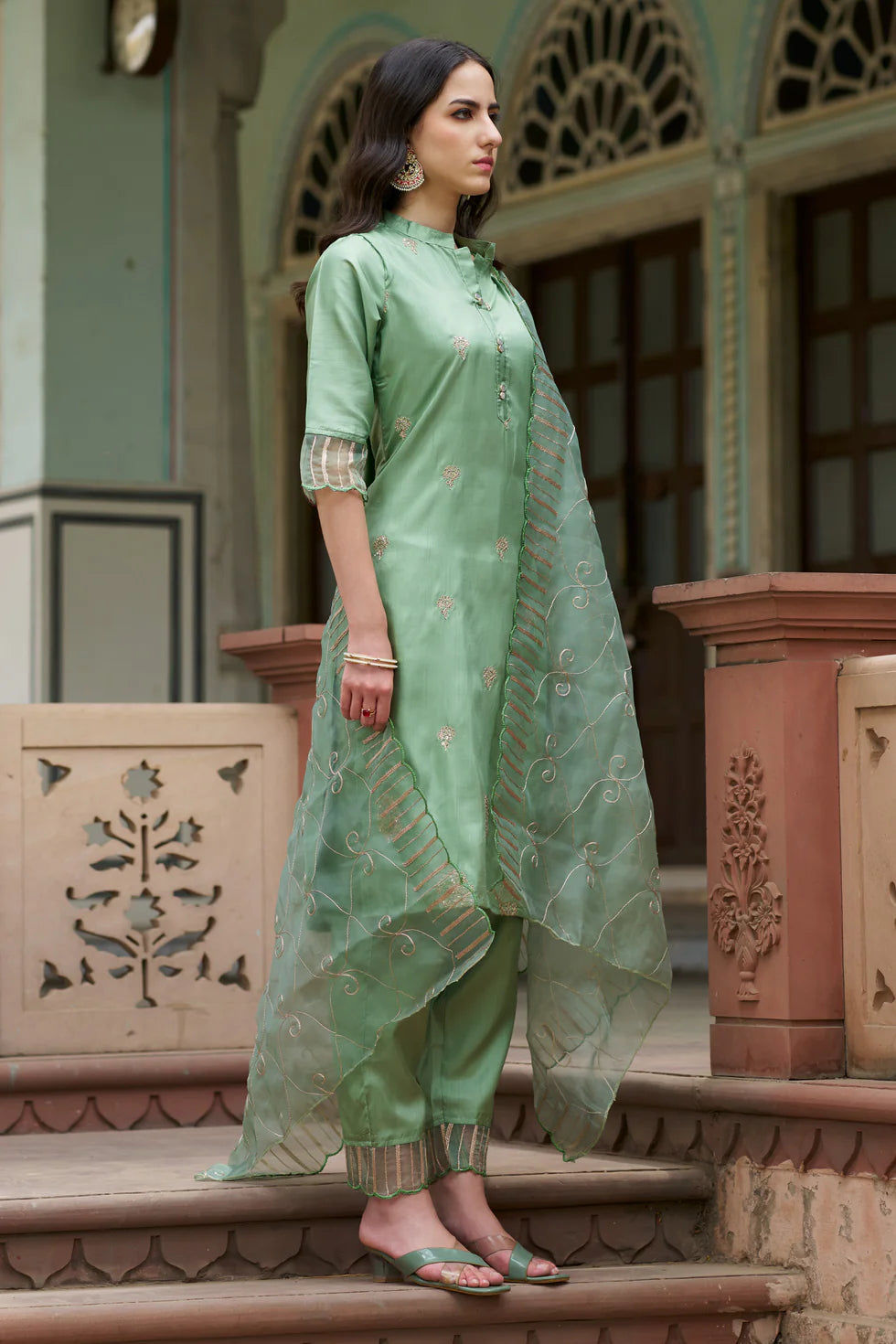 Meher Champagne Beige Embroidered Kurta Set with Organza Dupatta