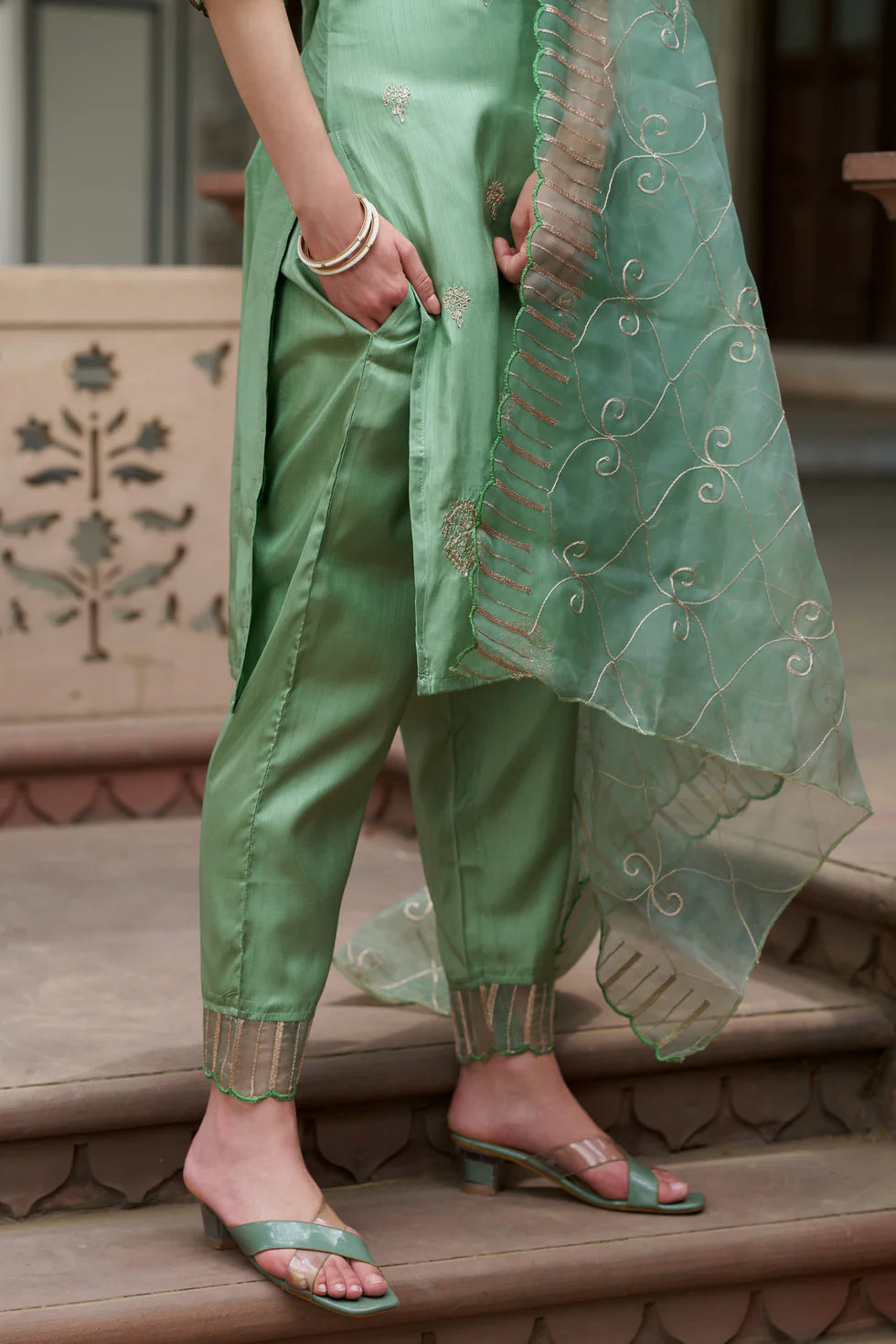 Meher Champagne Beige Embroidered Kurta Set with Organza Dupatta