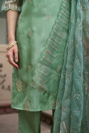 Meher Champagne Beige Embroidered Kurta Set with Organza Dupatta