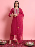 Floral Embroidered Silk Round Neck Kurta Trouser And Dupatta Set