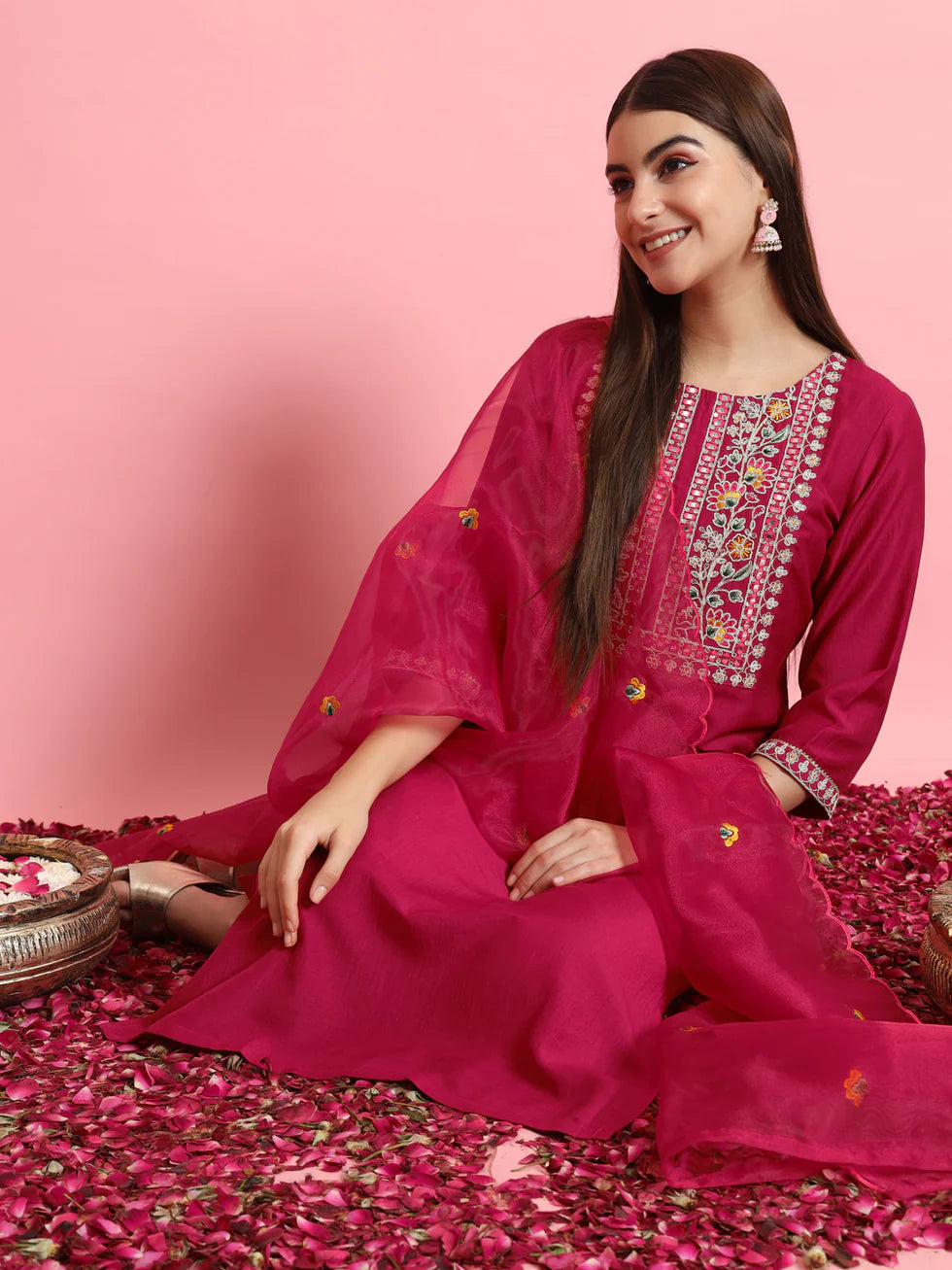 Zaria Cherry Pink Floral Embroidered Kurta Set with Organza Dupatta