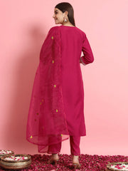 Zaria Cherry Pink Floral Embroidered Kurta Set with Organza Dupatta