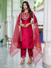 Aarohi Cherry Red Embroidered Kurta Set with Organza Dupatta