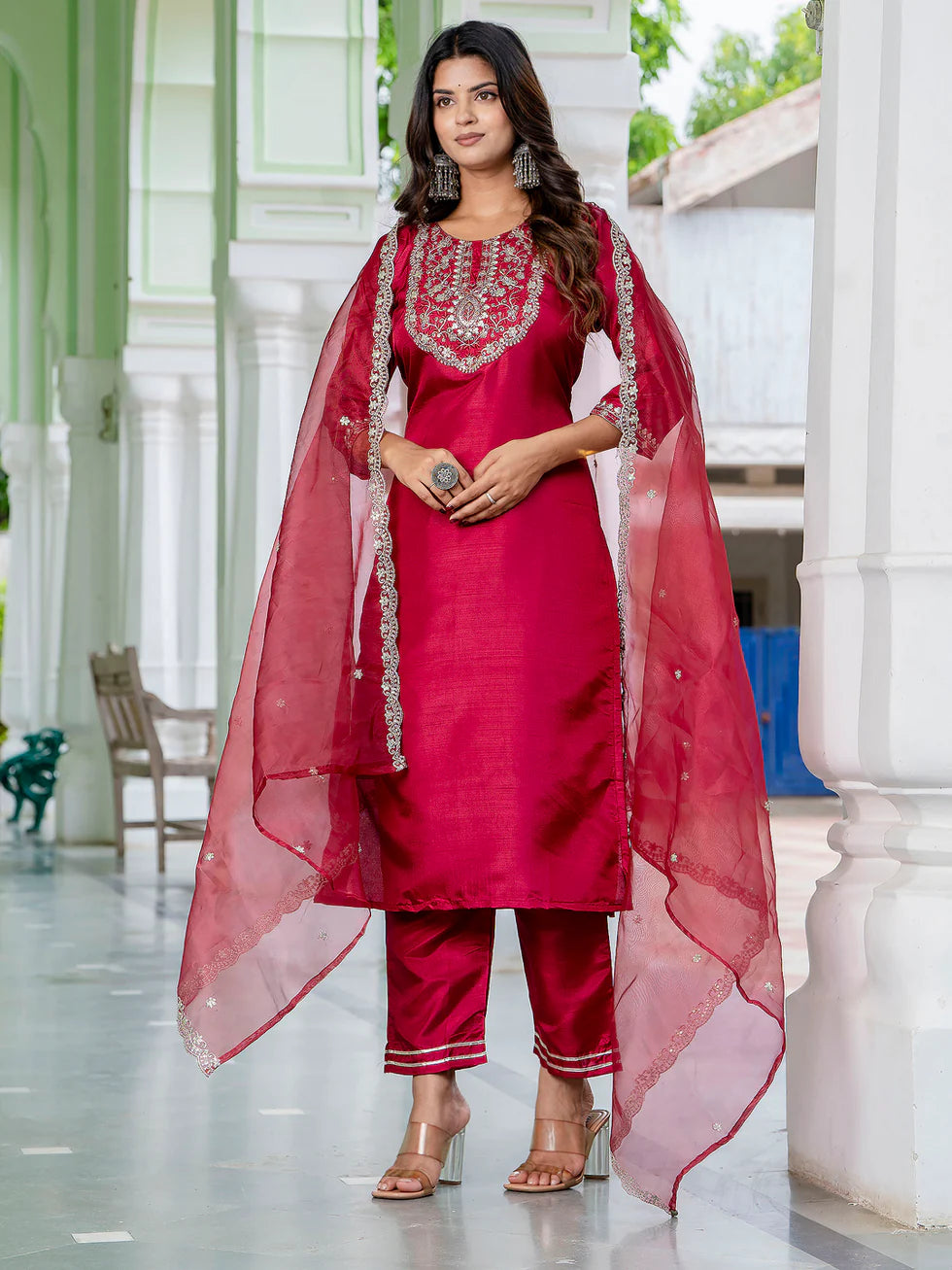 Aarohi Cherry Red Embroidered Kurta Set with Organza Dupatta