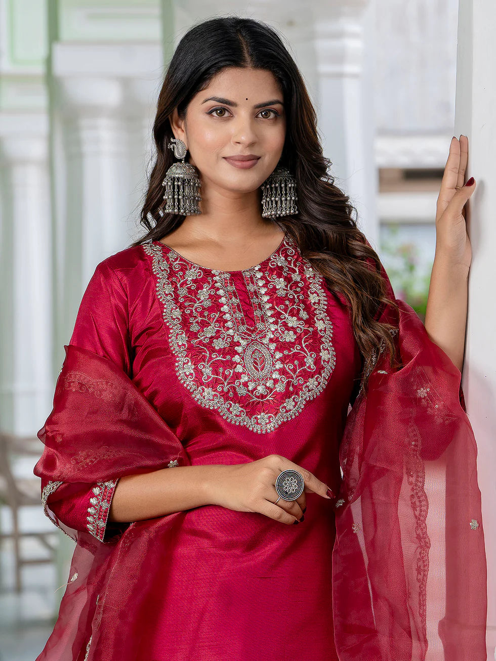 Aarohi Cherry Red Embroidered Kurta Set with Organza Dupatta