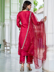 Aarohi Cherry Red Embroidered Kurta Set with Organza Dupatta