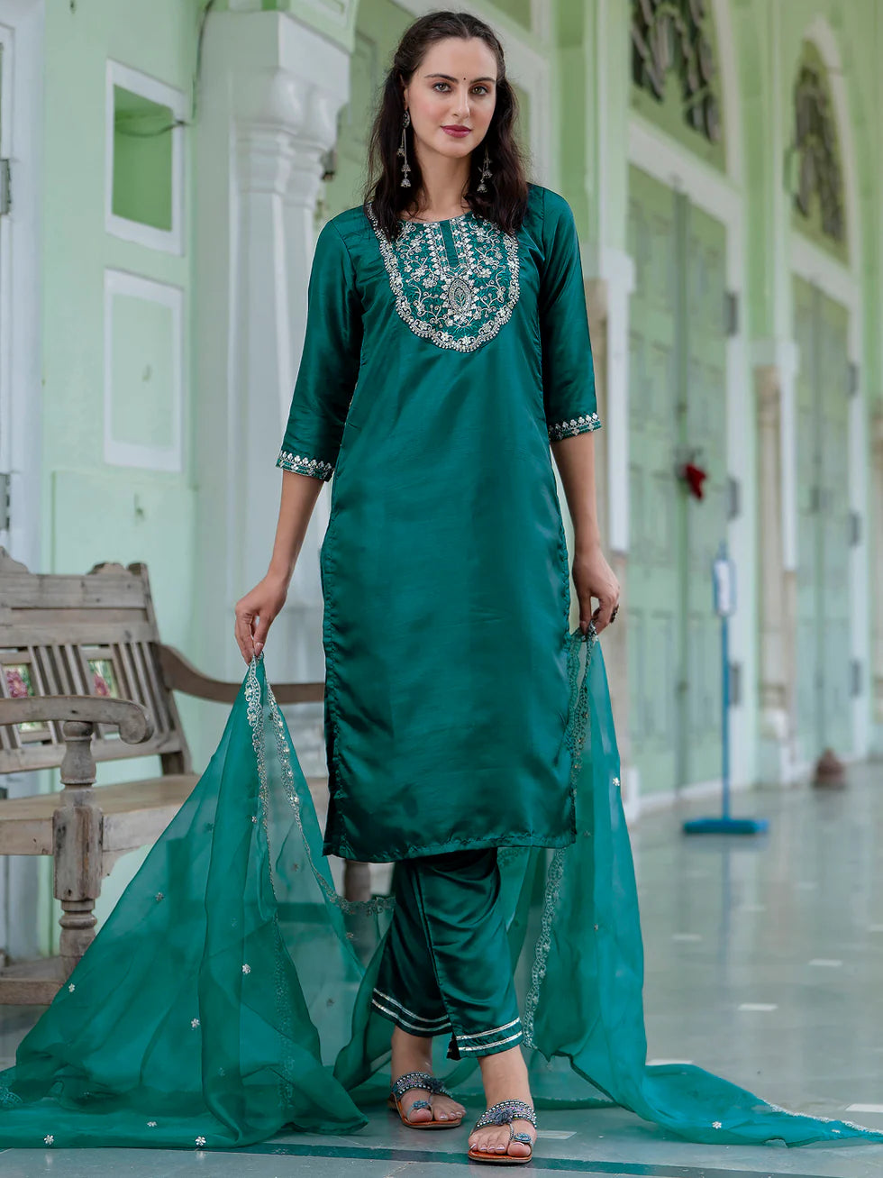 Aarohi Cherry Red Embroidered Kurta Set with Organza Dupatta
