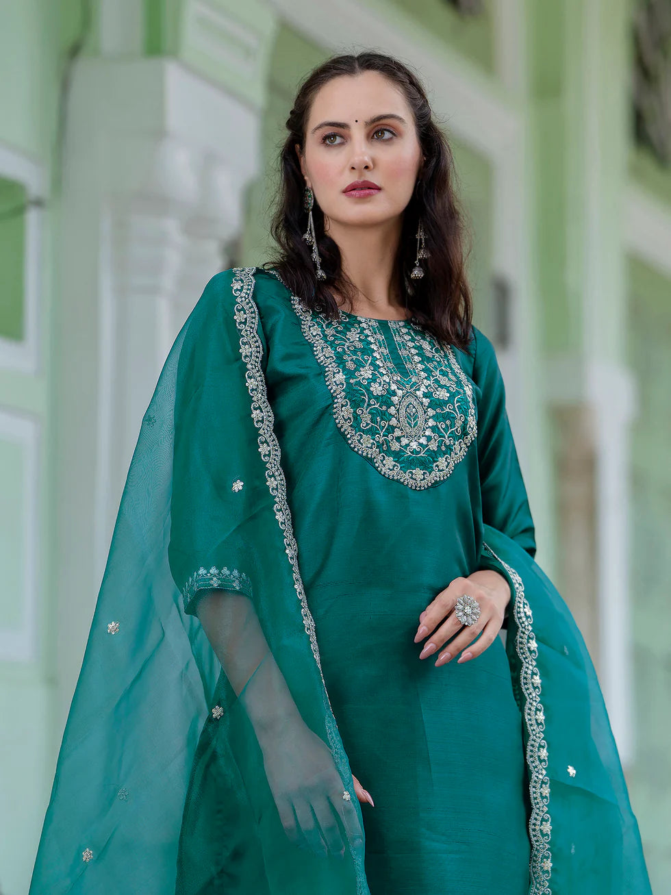 Aarohi Cherry Red Embroidered Kurta Set with Organza Dupatta
