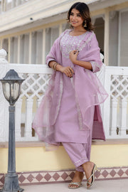 Aarohi Cherry Red Embroidered Kurta Set with Organza Dupatta