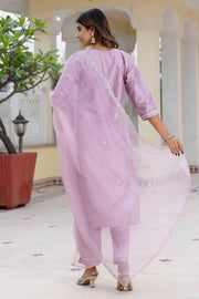 Aarohi Cherry Red Embroidered Kurta Set with Organza Dupatta