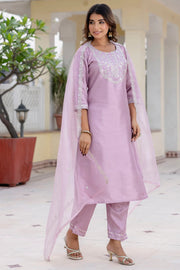 Aarohi Cherry Red Embroidered Kurta Set with Organza Dupatta