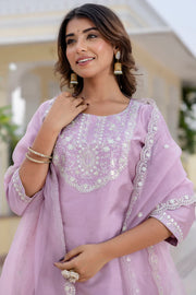 Aarohi Cherry Red Embroidered Kurta Set with Organza Dupatta