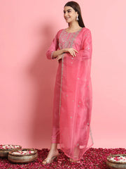 Aarohi Cherry Red Embroidered Kurta Set with Organza Dupatta
