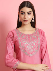 Aarohi Cherry Red Embroidered Kurta Set with Organza Dupatta