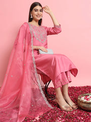 Aarohi Cherry Red Embroidered Kurta Set with Organza Dupatta