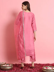 Aarohi Cherry Red Embroidered Kurta Set with Organza Dupatta
