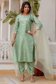 Aarohi Cherry Red Embroidered Kurta Set with Organza Dupatta
