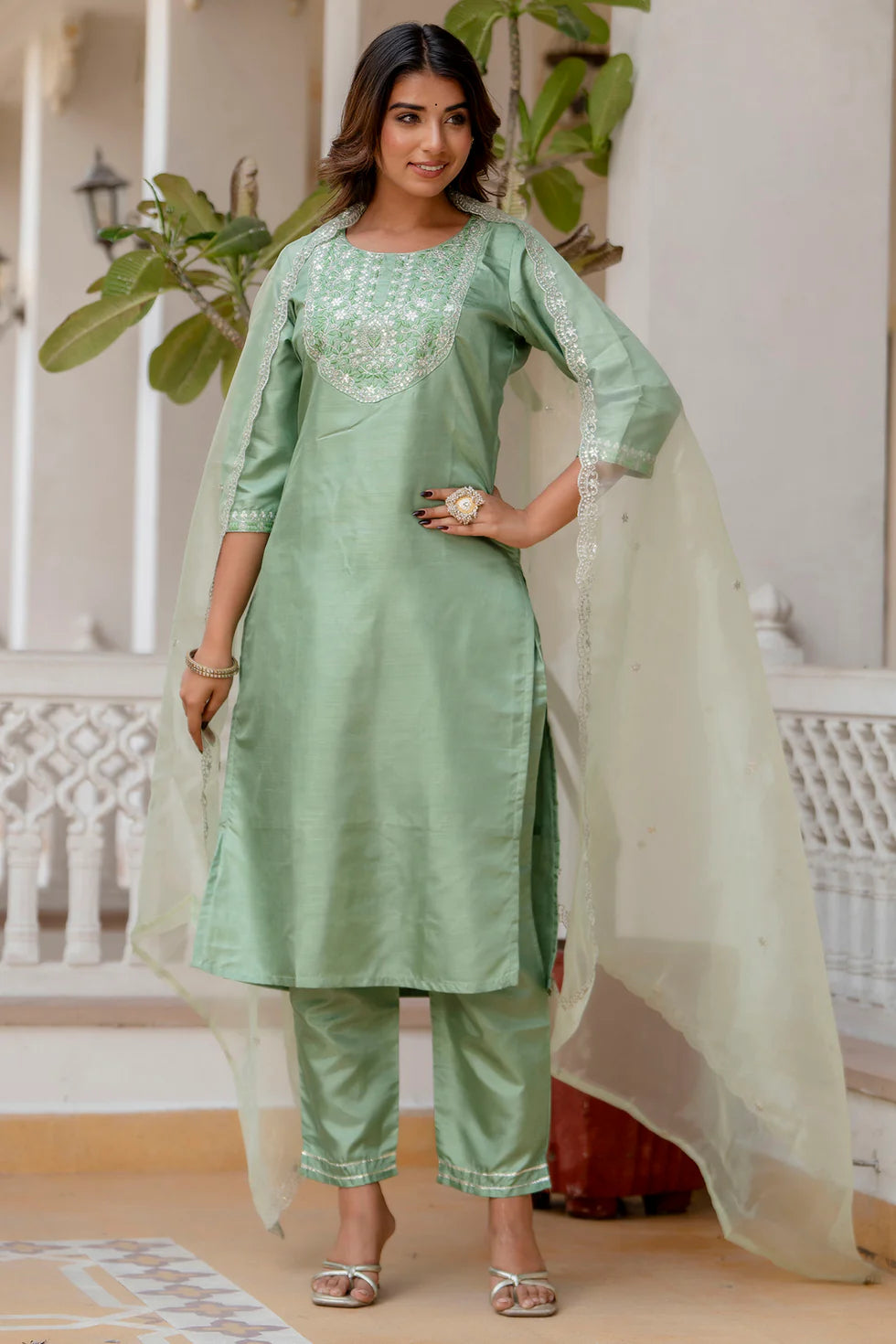 Aarohi Cherry Red Embroidered Kurta Set with Organza Dupatta