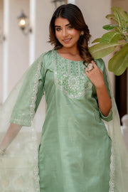 Aarohi Cherry Red Embroidered Kurta Set with Organza Dupatta
