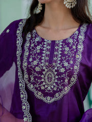 Aarohi Cherry Red Embroidered Kurta Set with Organza Dupatta