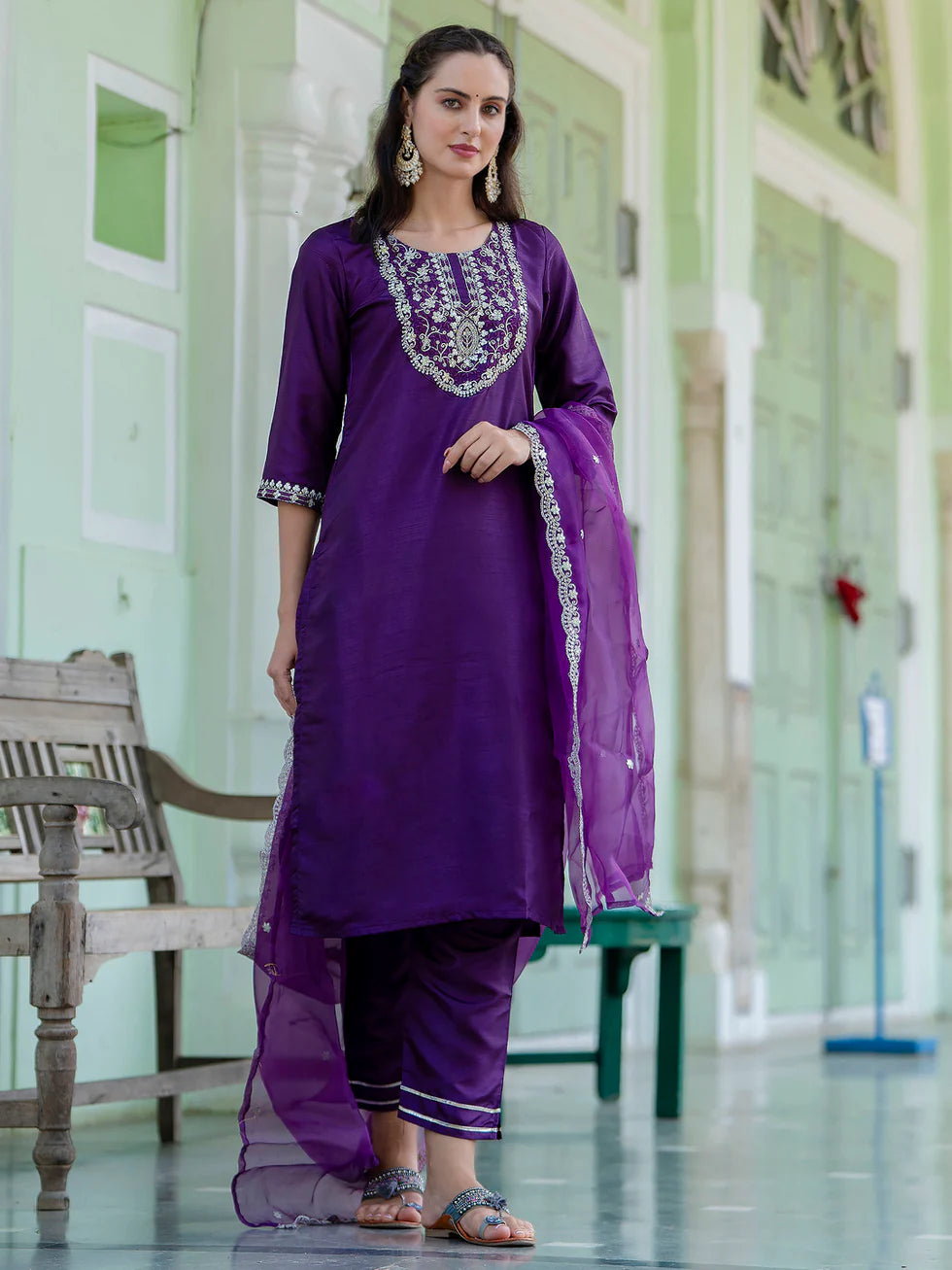 Aarohi Cherry Red Embroidered Kurta Set with Organza Dupatta