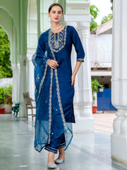 Aarohi Cherry Red Embroidered Kurta Set with Organza Dupatta