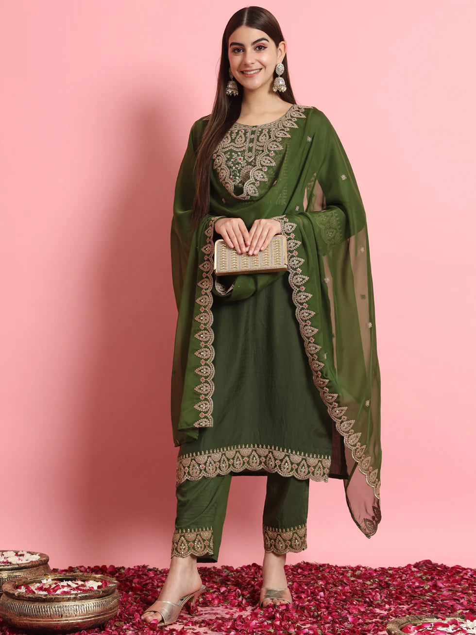 Floral Embroidered Silk Round Neck Kurta Trouser And Dupatta Set