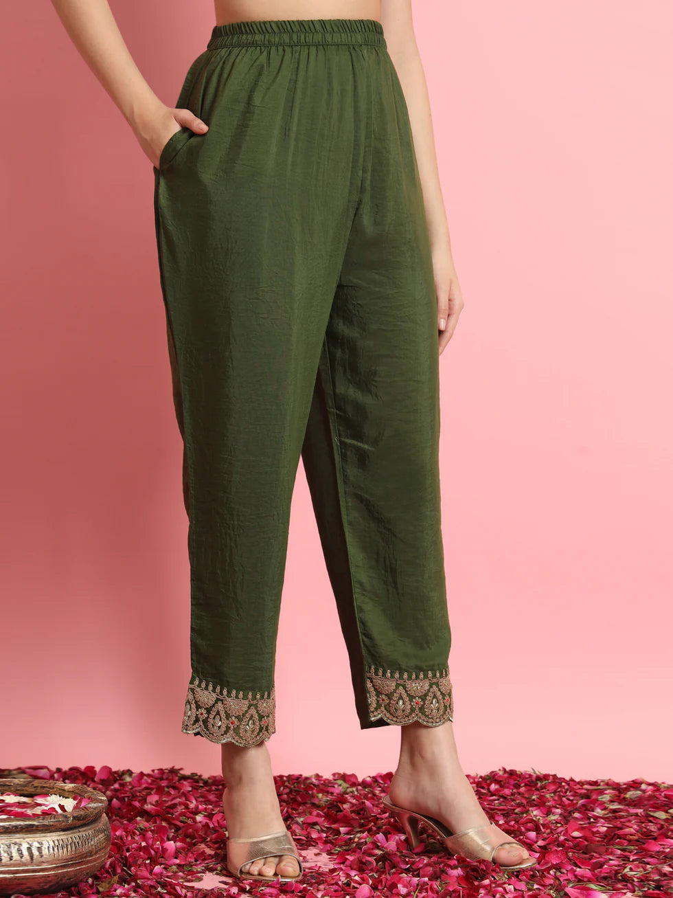 Floral Embroidered Silk Round Neck Kurta Trouser And Dupatta Set