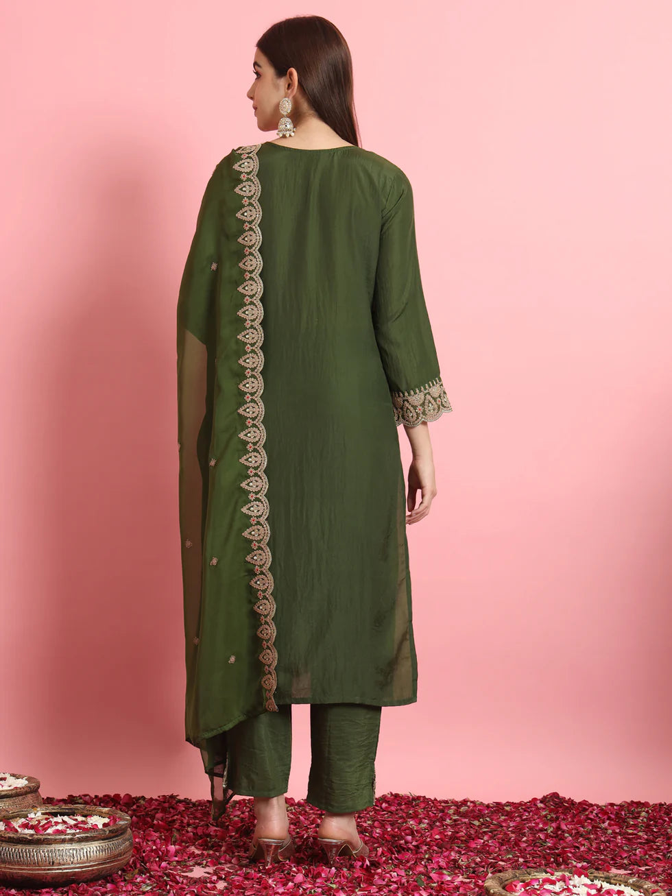 Floral Embroidered Silk Round Neck Kurta Trouser And Dupatta Set