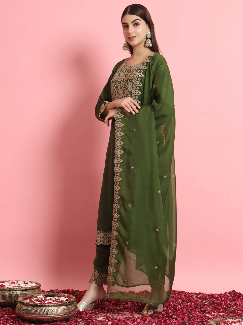 Floral Embroidered Silk Round Neck Kurta Trouser And Dupatta Set