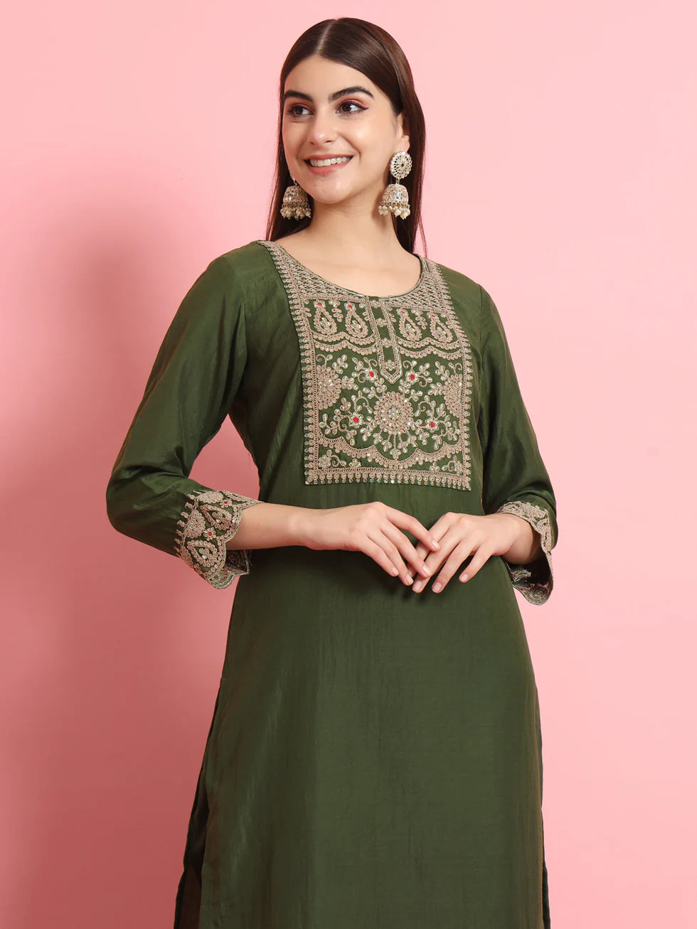 Floral Embroidered Silk Round Neck Kurta Trouser And Dupatta Set