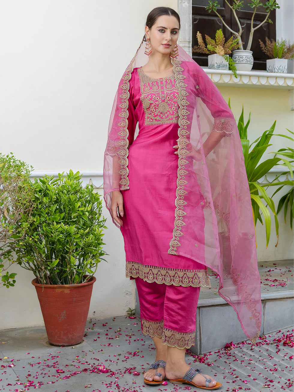 Floral Embroidered Silk Round Neck Kurta Trouser And Dupatta Set
